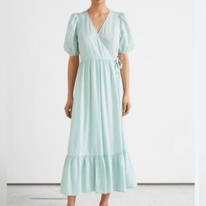 & Other Stories Paris Atelier Puff Sleeve Wrap Light Green Maxi Dress Size 8